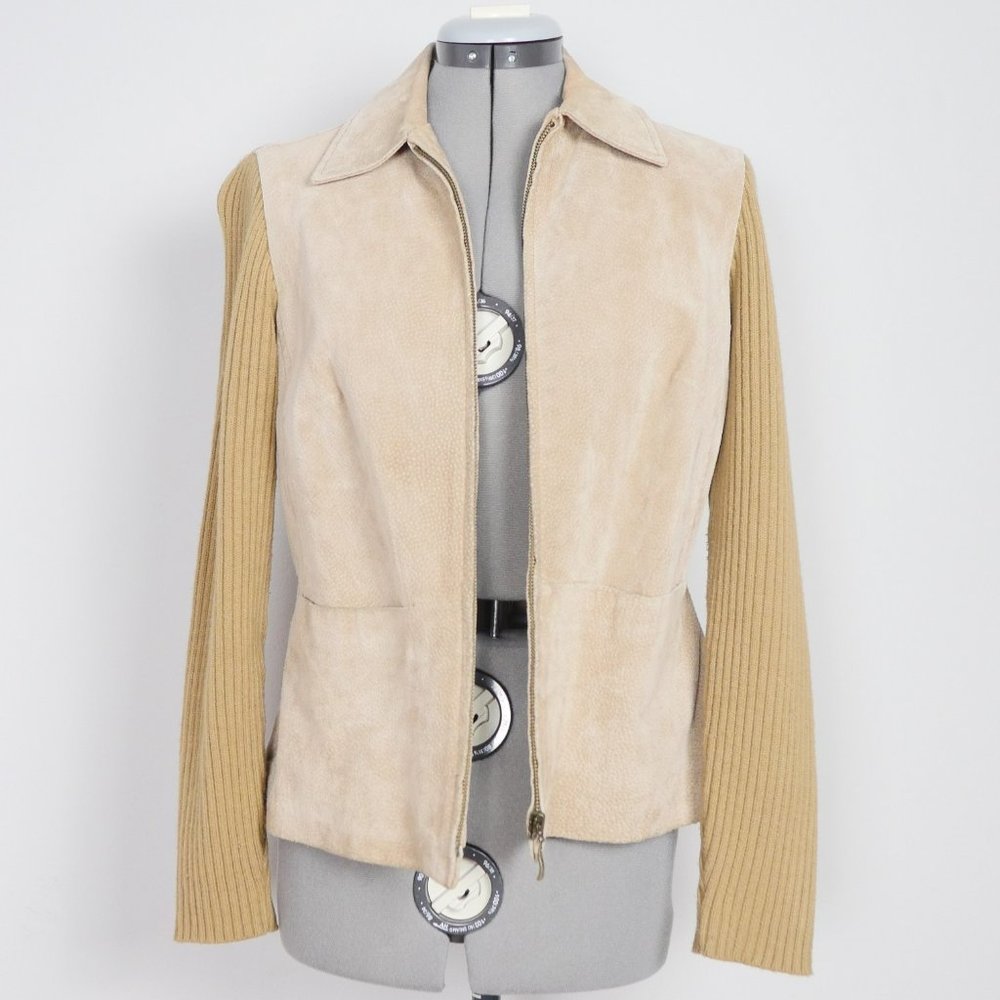 AMI Beige Tan Leather Suede Jacket with Rib Knit Sleeves Sz Small